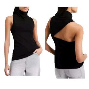 Black Sleeveless Knit Top Medium High Neck Cutout Back Tank